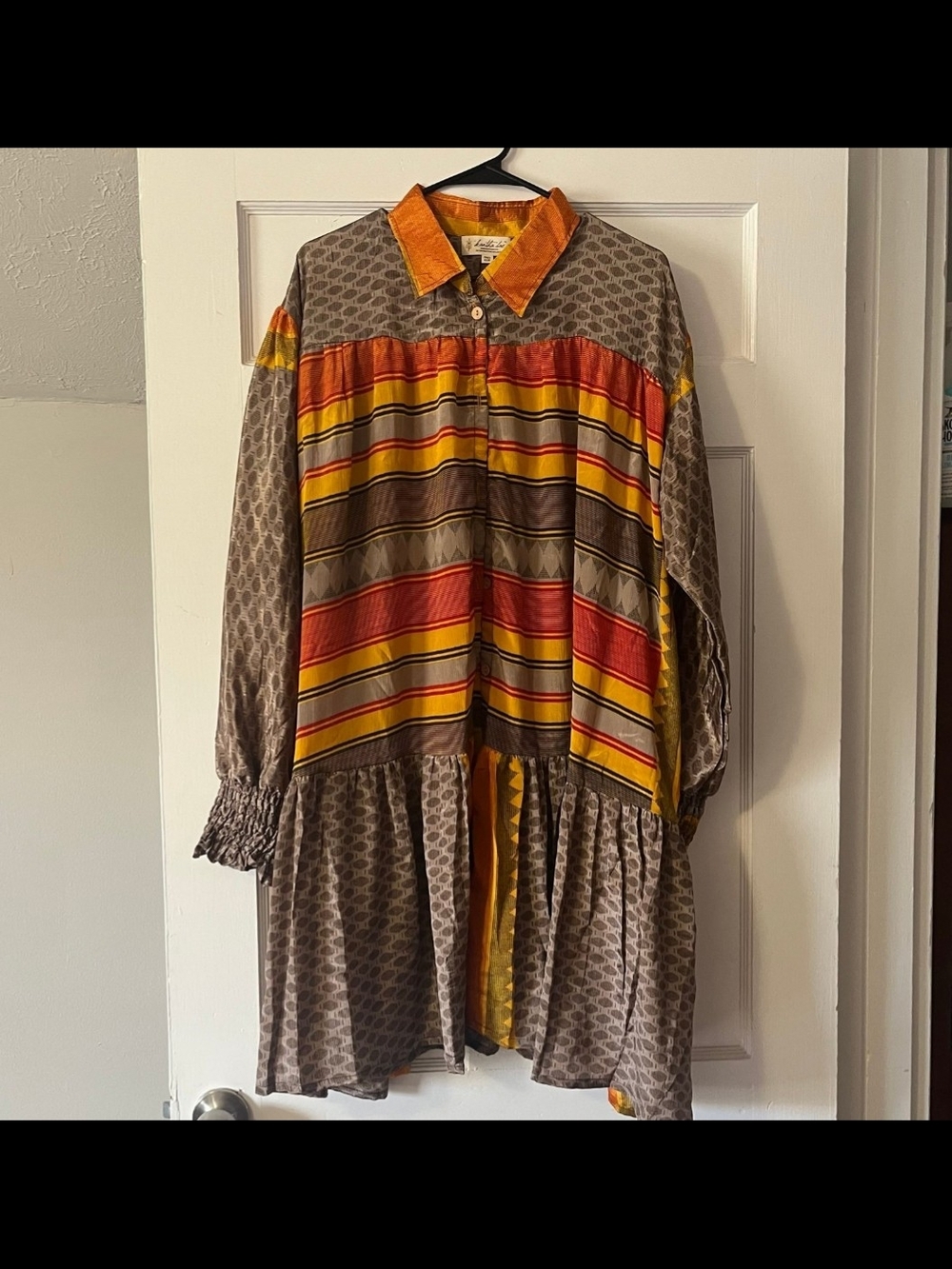 Kantha Bae Boho Stripe Patchwork Tunic in Brown Orange and Mustard